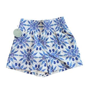 Hill House Home Livie Nap Shorts Blue Shell Mosaic Cotton Smocked Waist Small